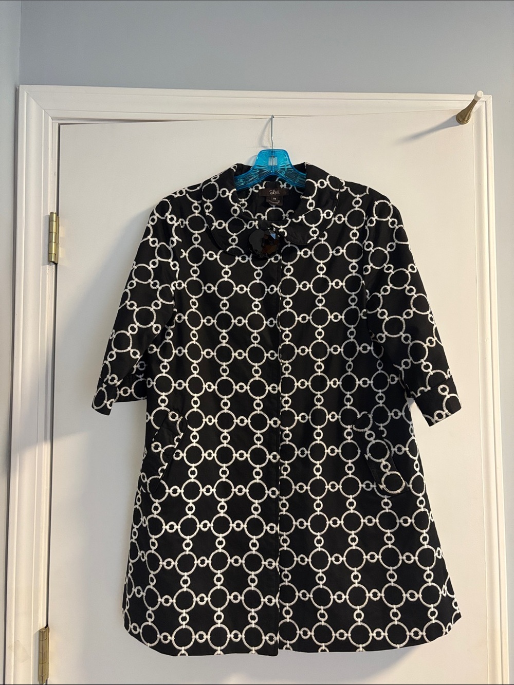 Luii Black Topper with White Chain-Link Embroidery and Faceted Button Medium